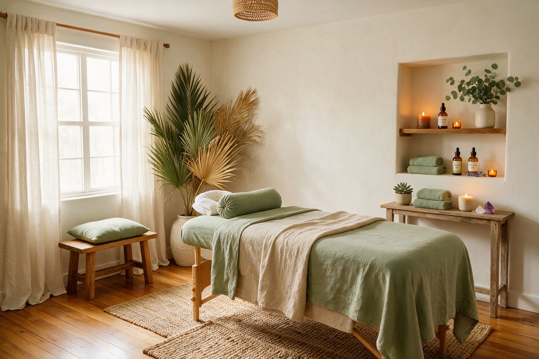 Calm healing room with sage linen treatment table and candles