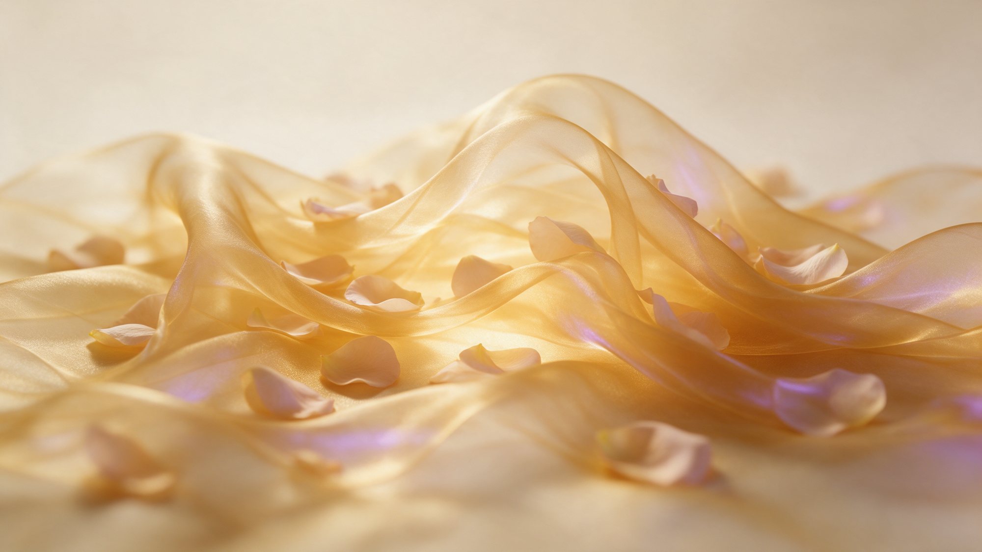 Flowing golden silk and soft petals in warm light