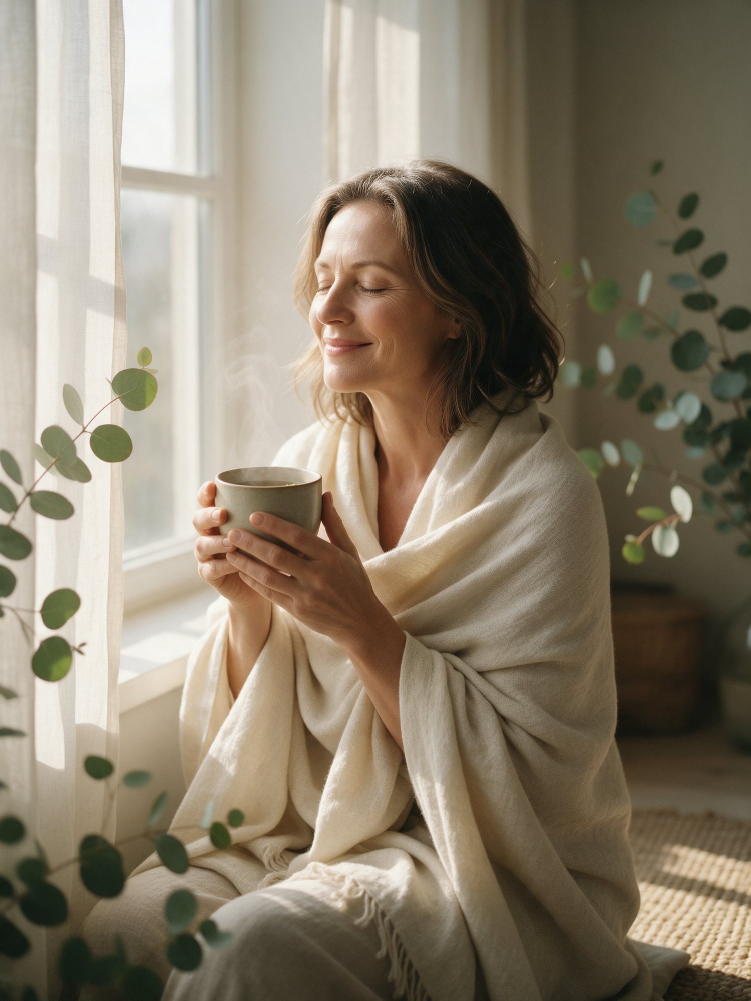 Peaceful woman wrapped in a linen shawl holding herbal tea by a sunny window