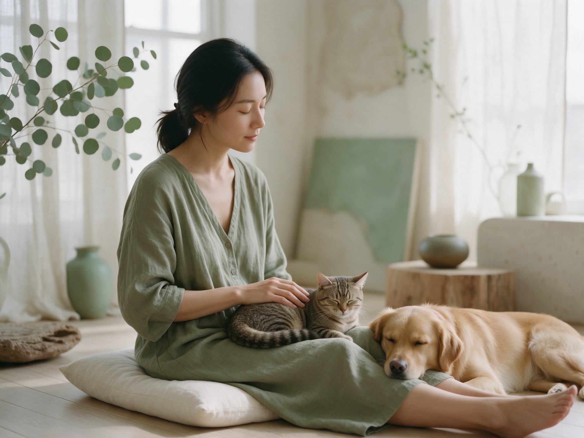 Woman sitting peacefully with her cat and dog during an intuitive pet communication session