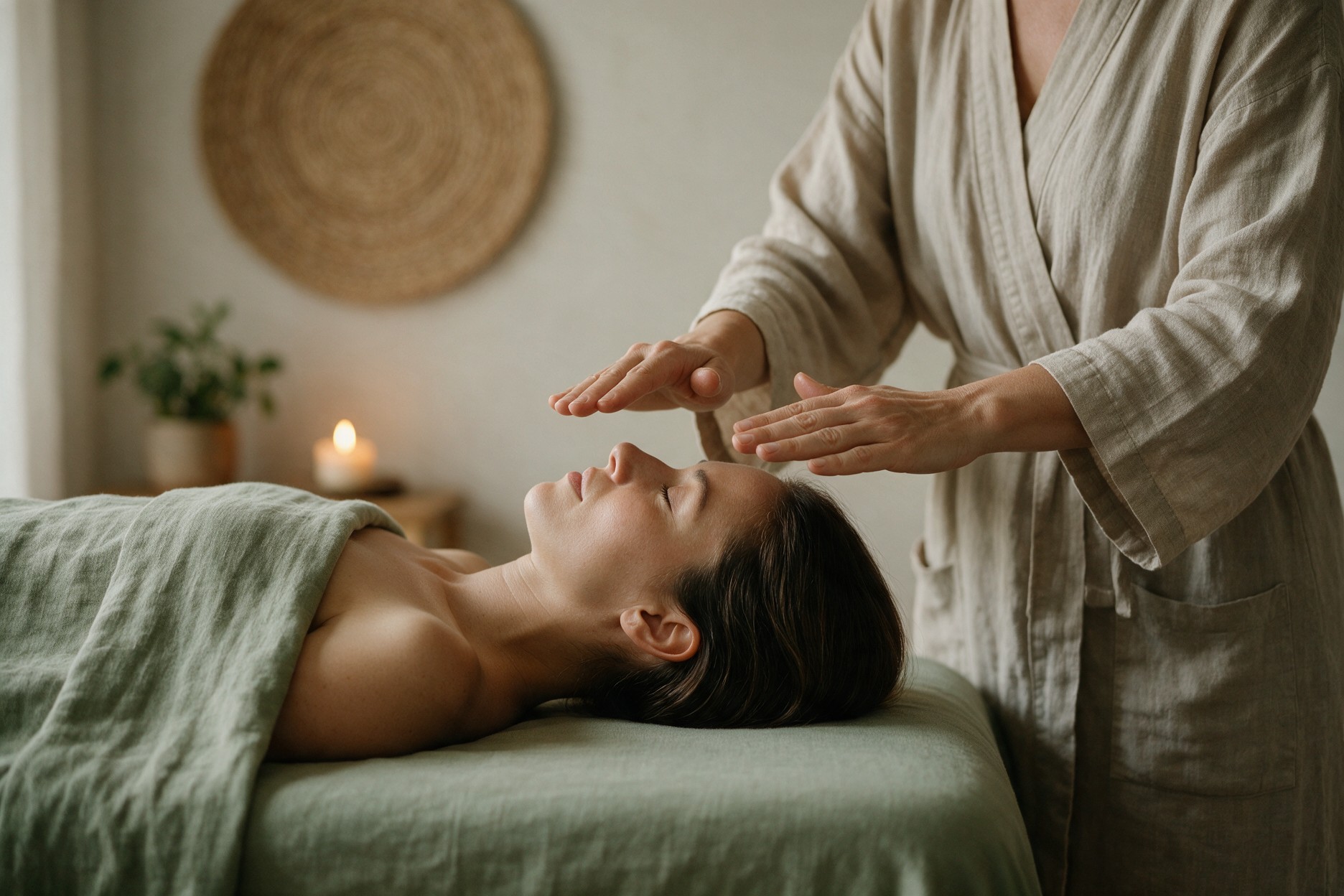 Reiki healer's hands above a relaxed client's head