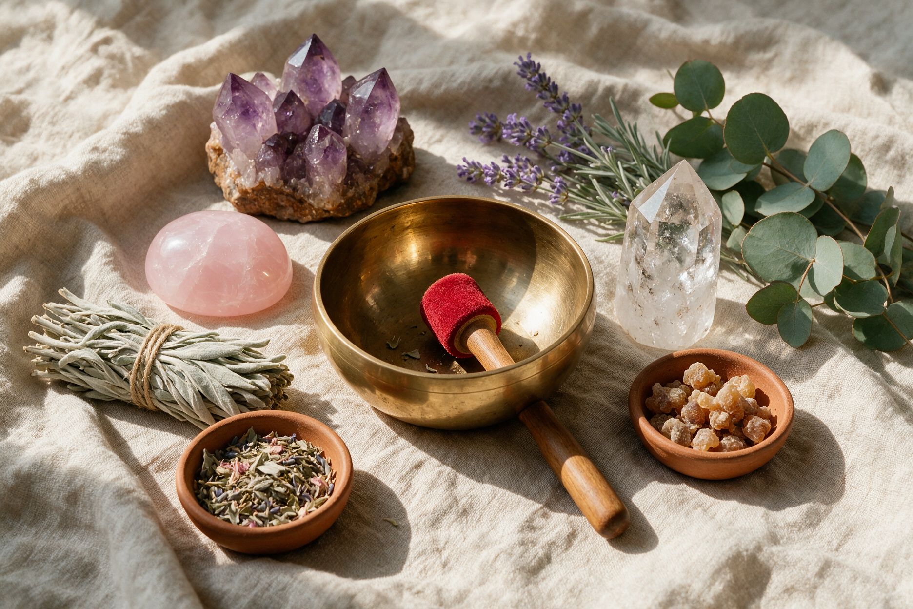 Amethyst, rose quartz, clear quartz, white sage and a brass singing bowl on linen