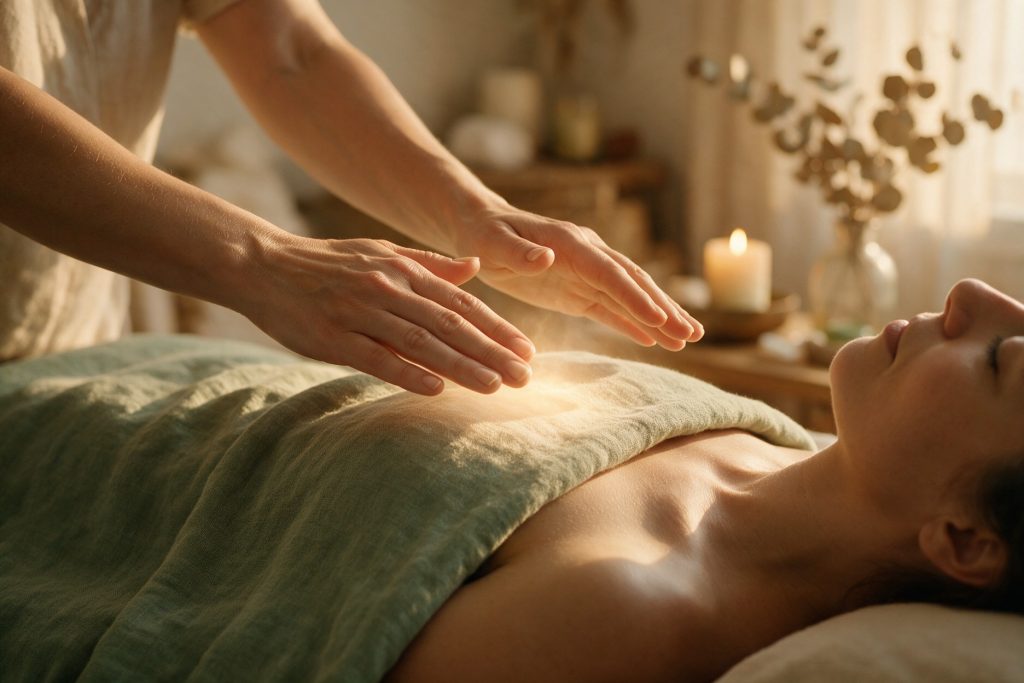 Reiki practitioner's hands hovering over a client's heart