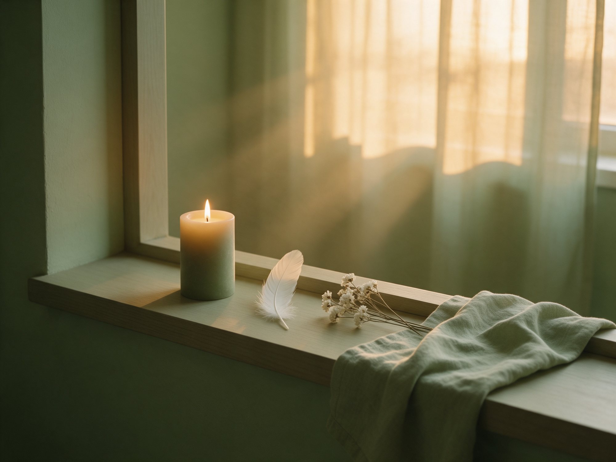 Lit candle, white feather and dried flowers on a sunlit windowsill
