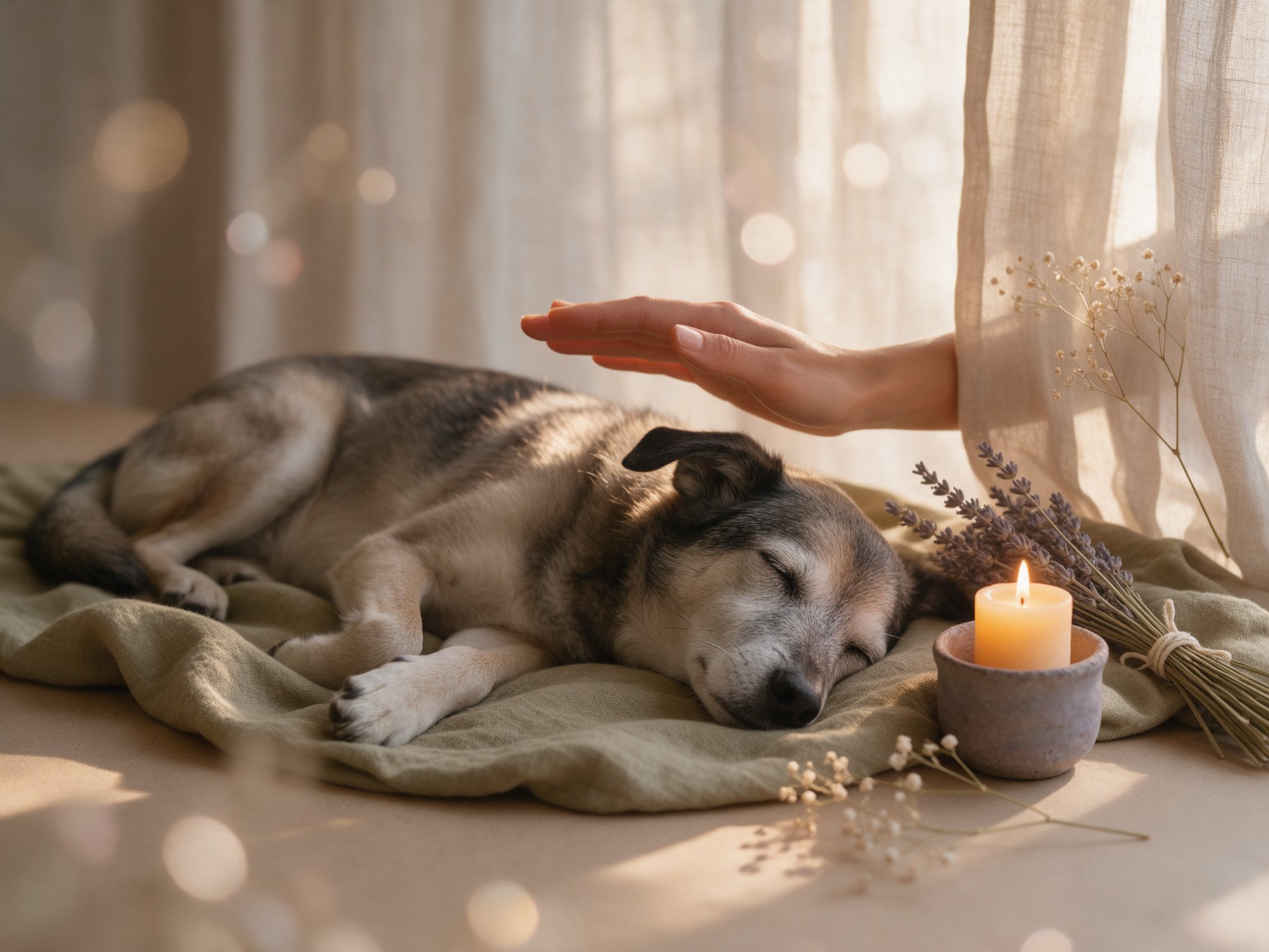 Senior dog resting on a linen blanket as a gentle hand offers comfort