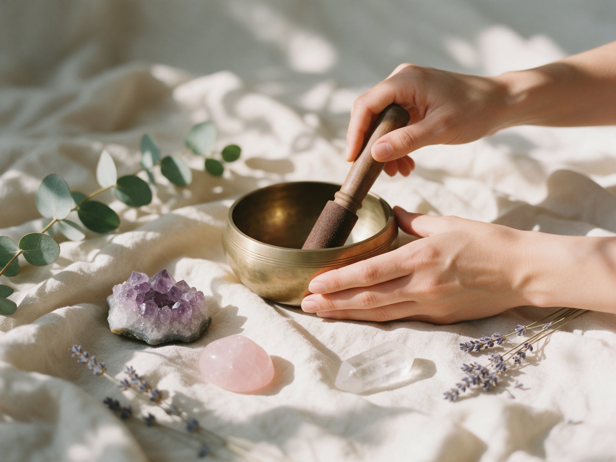 Hands playing a brass singing bowl surrounded by crystals and lavender